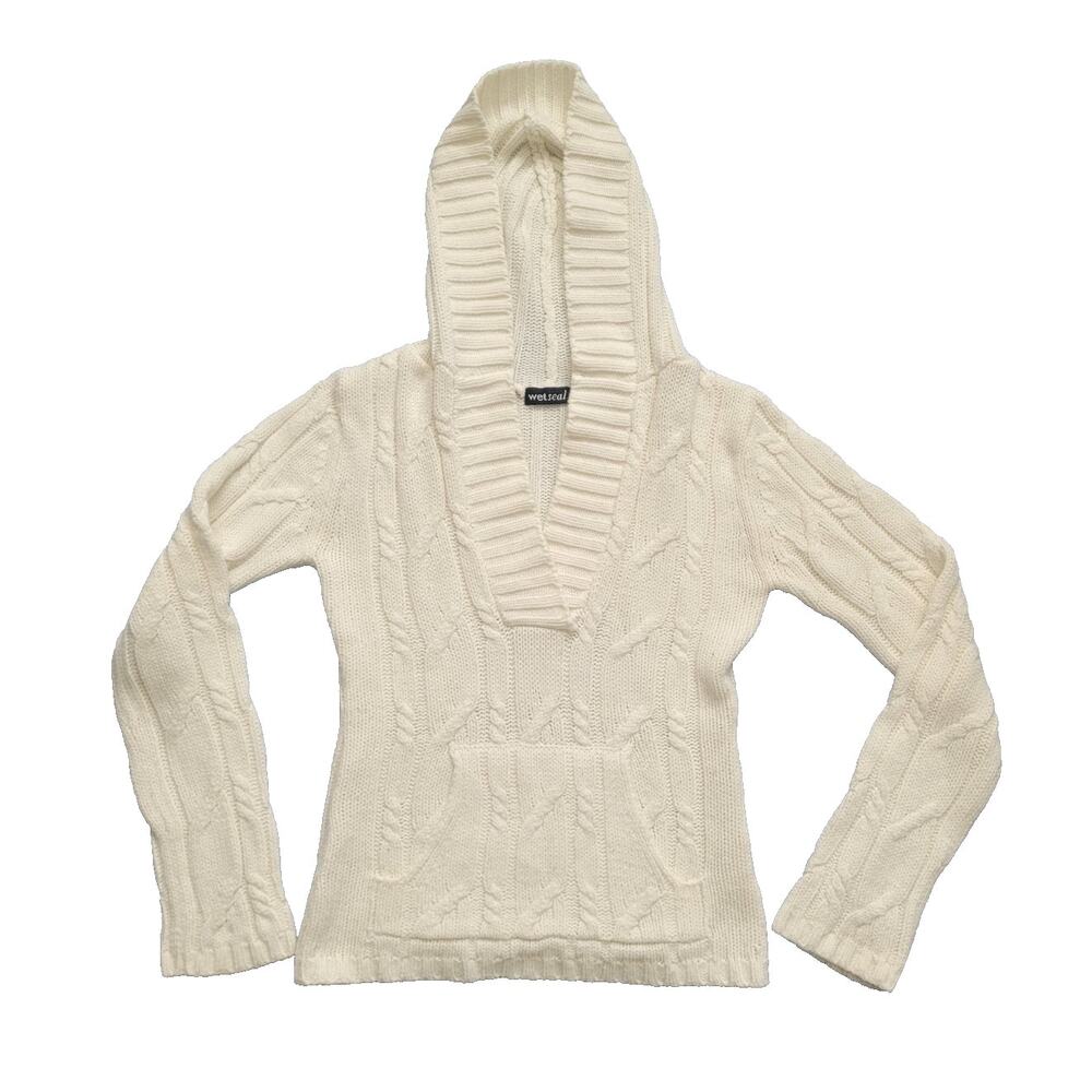 Y2K Wet Seal Chunky Cable Knit Hooded V-Neck Sweater Size S White Preppy Twee